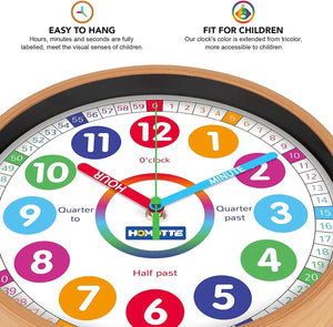 10 Inch Round Multi-Colored Learning Clock, Children's Silent Analog Non-Ticking Educational Wall Clock