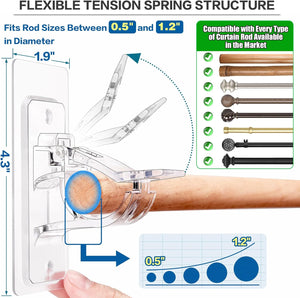 (8 Pack) No Drilling Curtain Rod Holders, Max Load 17 Lbs Clear Adhesive Hook Brackets for Rods