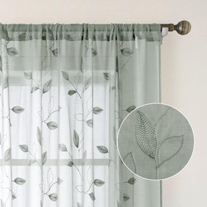 Sage Green Sheer Curtains 52 X 63 Inches Length 2 Panels Embroidered Leaf Pattern Pocket Faux Linen