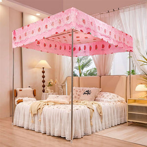 4 Four Corner Post Bed Curtain Canopy Cute Net Canopies for Girls Bedroom Decoration (Pink-Flower, Queen)