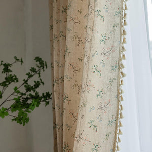 Floral Farmhouse Bohemian Window Curtain Panels with Tassel Beige Rod Pocket Bedroom Drapes, 2 Panel, 84 Inch Length