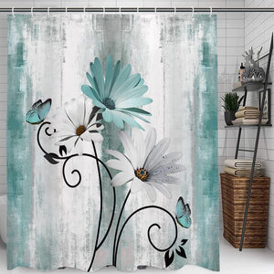 Farm Teal Daisy Floral Flowers and Butterfly on Country Wooden Shower Curtain, Turquoise Blue with 12PCS Hooks, 70X70IN