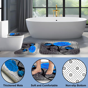 4 Pcs Bathroom Set, Blue Rose Shower Curtain Sets with Rugs