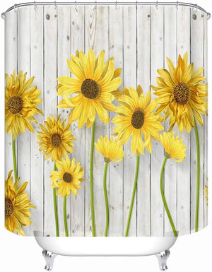 Waterproof Shower Curtains Sets for Bathroom Accessories with Oil Painting Sunflower White Wooden Decor, 71 x 72 inches