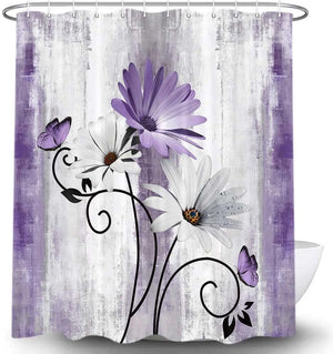 Rustic Farmhouse Shower Curtain, Farm Purple Daisy Floral Flowers and Butterfly Curtains with 12PCS Hooks, 70X70IN