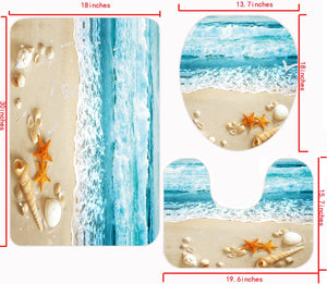 Shower Curtains with Bath Rugs Non-Slip Soft Toilet Lid Cover for Bathroom, Four-Piece Beach Theme, Multi 26