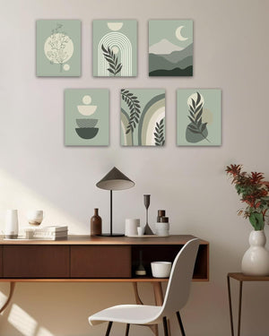 Green Boho Wall Art Mid-Century Modern Wall Decor Canvas 𝗙𝗿𝗮𝗺𝗲𝗱 Print Minimalist Botanical Abstract, 8"x10" Set of 6