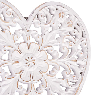 12" Heart-shaped Decorative Carved Floral-Patterned Distressed White Decor