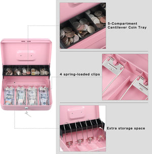 Cash Box with Money Tray and Key Lock,Tiered, Cantilever Design, Pink