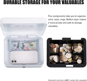 Medium Cash Box with Money Tray,Small Safe Lock Box with Key, White