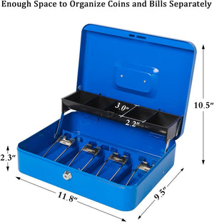 Locking Large Metal Cash Box with Money Tray, Lock Money Box with Key, Blue