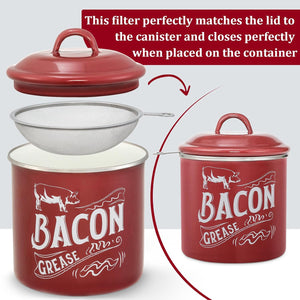 1.3L Bacon Grease Saver Container with Fine Strainer, Red Enamel & Stainless Steel Oil Keeper