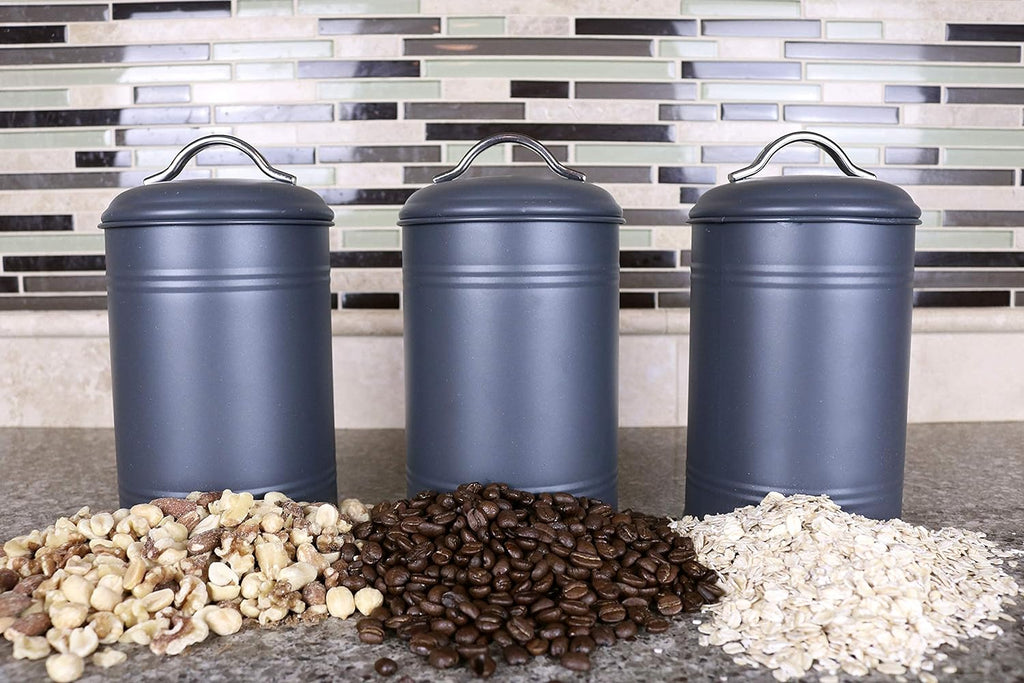 Set of 3 for Countertop Storage of Coffee, Food, Charcoal Grey Metal (8 Inches High with Lids, 4.5 Inches Diameter)