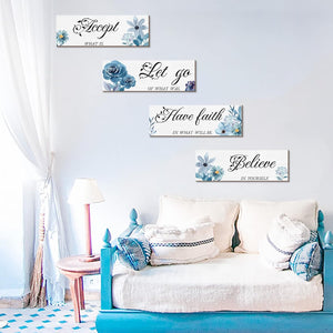 4 Pieces Blue Flower Wall Decor For Bedroom, Accept-Let go-Have faith-Believe Wooden Inspirational Wall Art