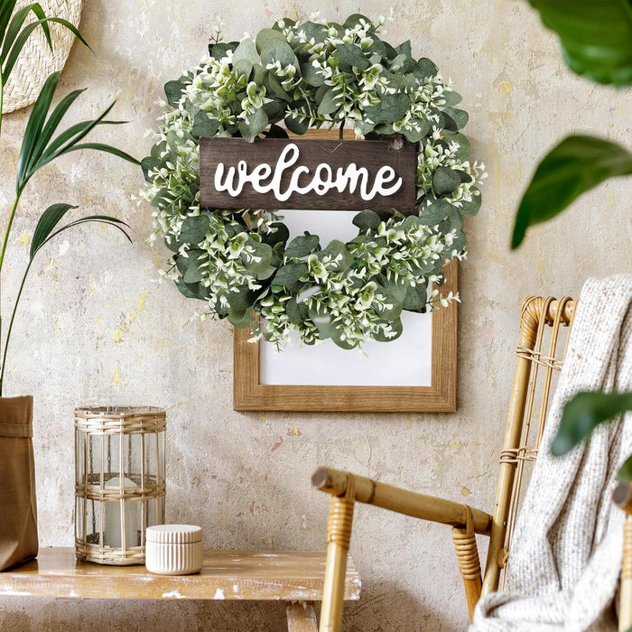 16in Artificial Eucalyptus Wreath with Welcome Sign Green Eucalyptus Leaf Decor