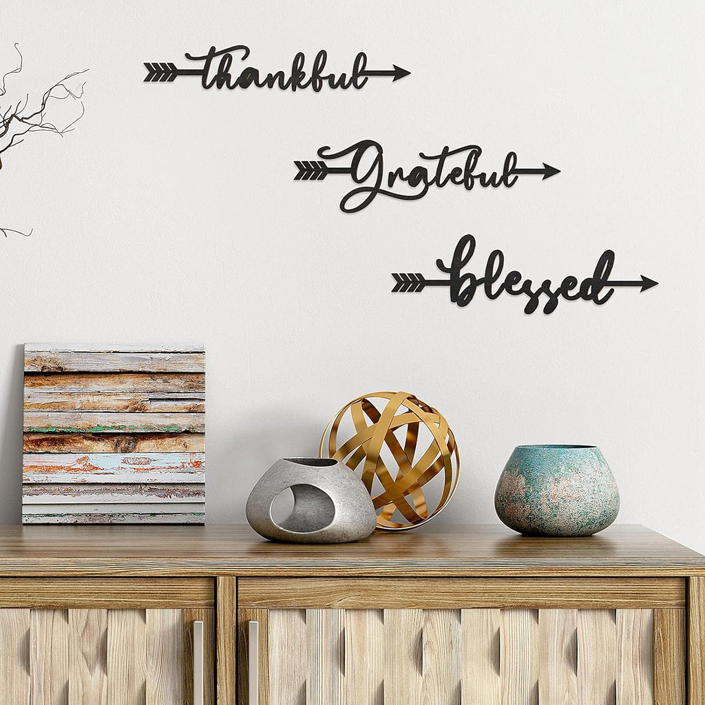 3 Pcs Thankful Grateful Blessed Cutout Sculptures Arrow Signs Rustic Wall Art (Black)