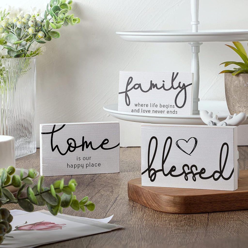 3 Pieces Family Home Blessed Rustic Wood Sign Mini Wood Decorative Signs Farmhouse