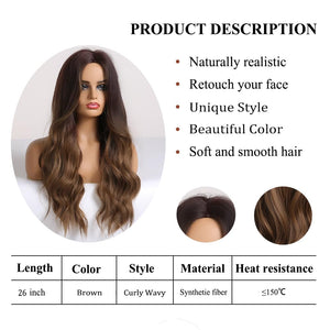 Brown Wig for Women Long Curly Wig Natural Brunette Wigs, Synthetic 26 Inch Wig