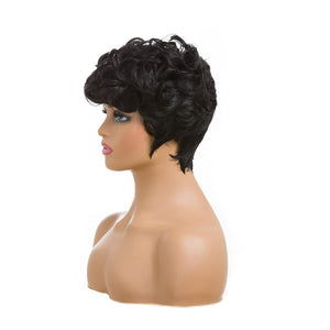 Natural Black Short Pixie Cut Wigs for Black Women Curly Hair Replacement With Bangs (Natural Black #1B)