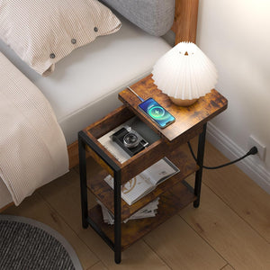 Narrow End Table with Charging Station, Slim Couch Side Table with USB Ports & Outlets, Brown