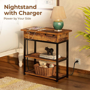 End Table with Charging Station, Narrow Nightstand, Flip Top Side Table with USB Ports , Rustic Brown