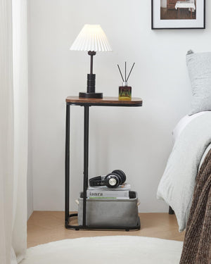 C Shaped End Table, 26.6 inches High Small Side Table with Metal Frame, Rustic Brown & Black