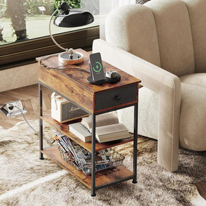 Narrow Side Table with 2 USB Ports and 2 Outlets, Flip Top End Table with Drawer