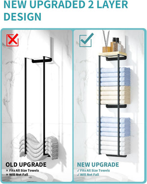 2 Tier Wall Towel Holder with Wood Shelf for Small Bathroom