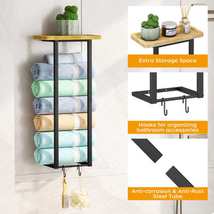 Metal Towel Holder with Bamboo Shelf, Wall Towel Storage Rack Shelf for Rolled Towels, Black