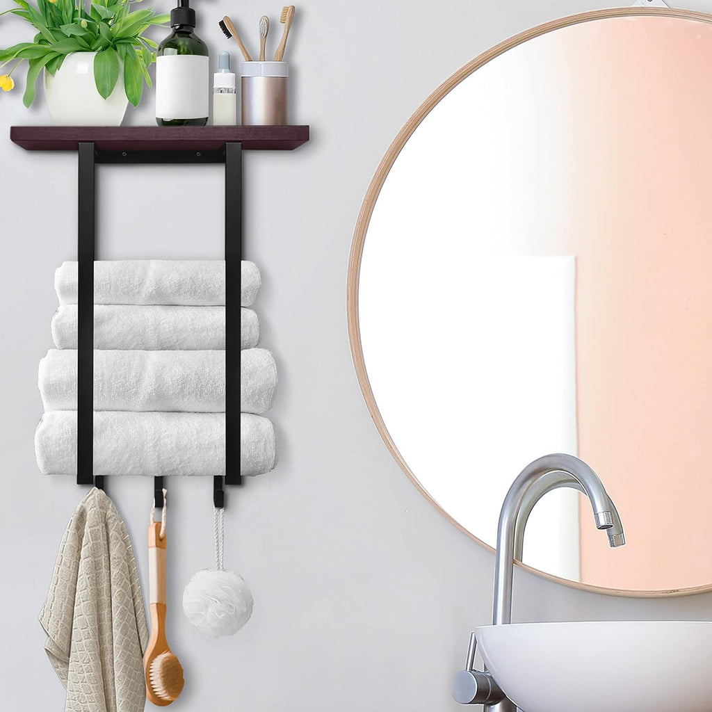 Towel Holder with Wooden Shelf and 3 Hooks Wall Mounted Towel Hanger Storage, Metal Matte Black