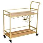 2-Layer Bar Serving Cart with Wine Rack and Glass Holder Wheeled Metal Frame