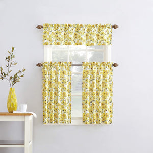 Sunbeam Sunflower Print Semi-Sheer Rod Pocket Kitchen Curtain Valance and Tiers Set, 54" x 36", Yellow