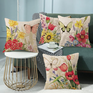 Set of 4 Decorative Spring Pillow Covers Linen Flower Butterfly Farmhouse Pillowcases, 18 x 18