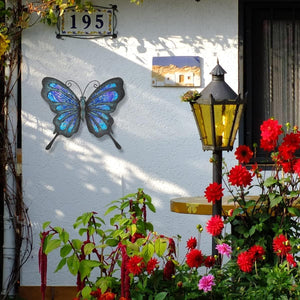 Metal Butterfly Wall Decor Glass Outdoor Wall Art Sculpture Hanging Garden Decorations Blue for Home Garden