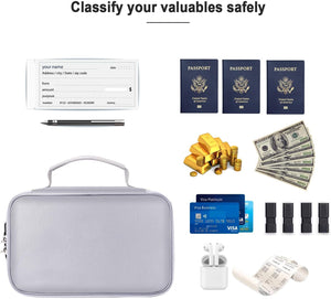 Small Fireproof Storage Organizer Case with Lock(9.4”x 5.9”x 3.2”), 3-Layer Money Safe Coin Organizer, Silver