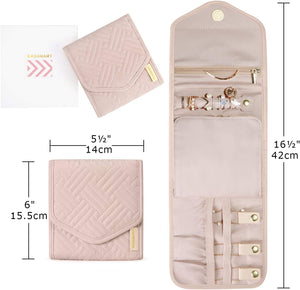 Travel Jewelry Organizer Case Foldable Jewelry Roll for Journey, Soft Pink