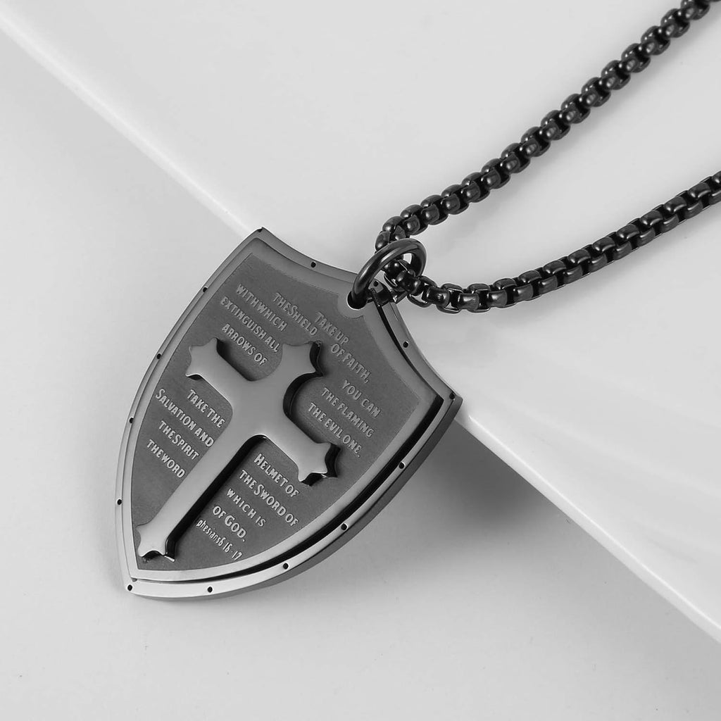 Shield Armor of God Ephesians 6:16-17, Faith Cross Stainless Steel Pendant Necklace, Black