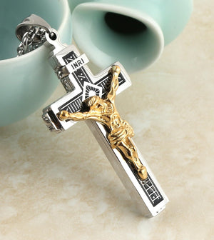 Catholic Jesus Christ on INRI Cross Crucifix Gold Silver Tone stainless steel Pendant Necklace (Silver and Gold)