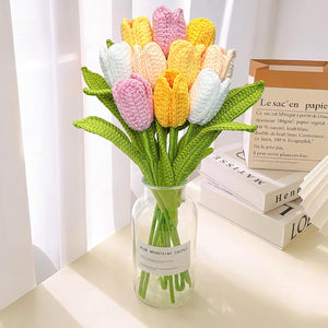 10PCS Crochet Tulip Flower Knitted Bouquet Faux Tulips for Home Office Wedding Decor, Yellow