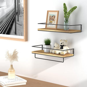 Floating Shelves for Wall Set of 2, Wall Mounted Storage Shelves with Metal Frame and Towel Rack (Wood)