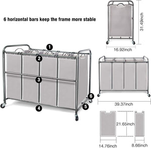 4 Bag Laundry Hamper with Wheels and Removable Bags, Gray