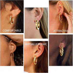 9 Pairs Gold Hoop Earrings for Women, 925 Sterling Silver Post 14K Real Gold Plated Chunky Hoop Earrings Set