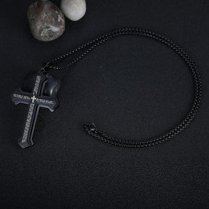 Men's Stainless Steel Nail Lord's Prayer Cross Pendant Necklace for Men Women Big Pendant and Strong Chain 24", Black
