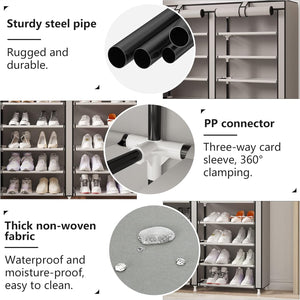 Double Row Portable Nonwoven Fabric Cover Shoe Rack Holds up to 28 Pairs 36.2 x 11.2 x49.2 Inches Grey