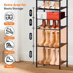 10 Tier Tall Narrow Shoe Rack for Closet, Holds 25 Pairs Boots & Shoe Storage Organizer