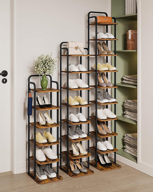 Vertical Shoe Rack, Shoe Shelves, Wood Shoe Organizer for Closet Adjustable, with 2 Hooks, 10 Tier Rustic Brown