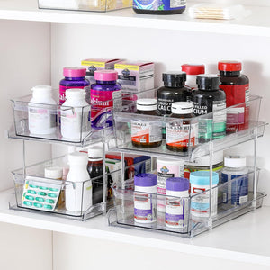 2 Set, 2 Tier Clear Organizer with Dividers for Cabinet / Counter, MultiUse Slide-Out Storage Container