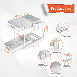 2 Pack Double Sliding Under Sink Organizers and Storage,2-Tier Pull Out Under Sink Organizer with Hooks and Hanging Cup