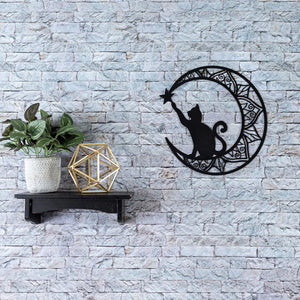 Metal Cat Wall Decor, Black Cat Wall Art Home Decorations (Cat Scratched Stars) 13Inch