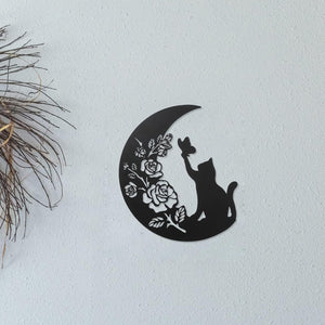 Metal Black Cat Wall Decor, Cat On the Moon Wall Art, Cats Lover Gifts, 11 inches